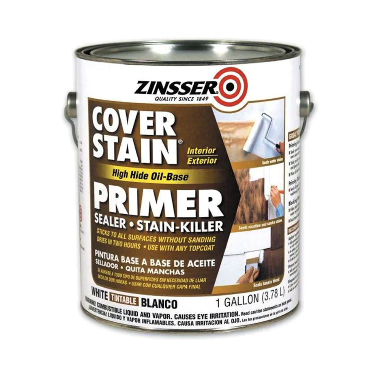 A 1-gal. can of Go Build Cover Stain High Hide Oil-Based Primer & Sealer—White, ideal for interior/exterior use. It blocks stains, adheres without sanding, and provides strong coverage.